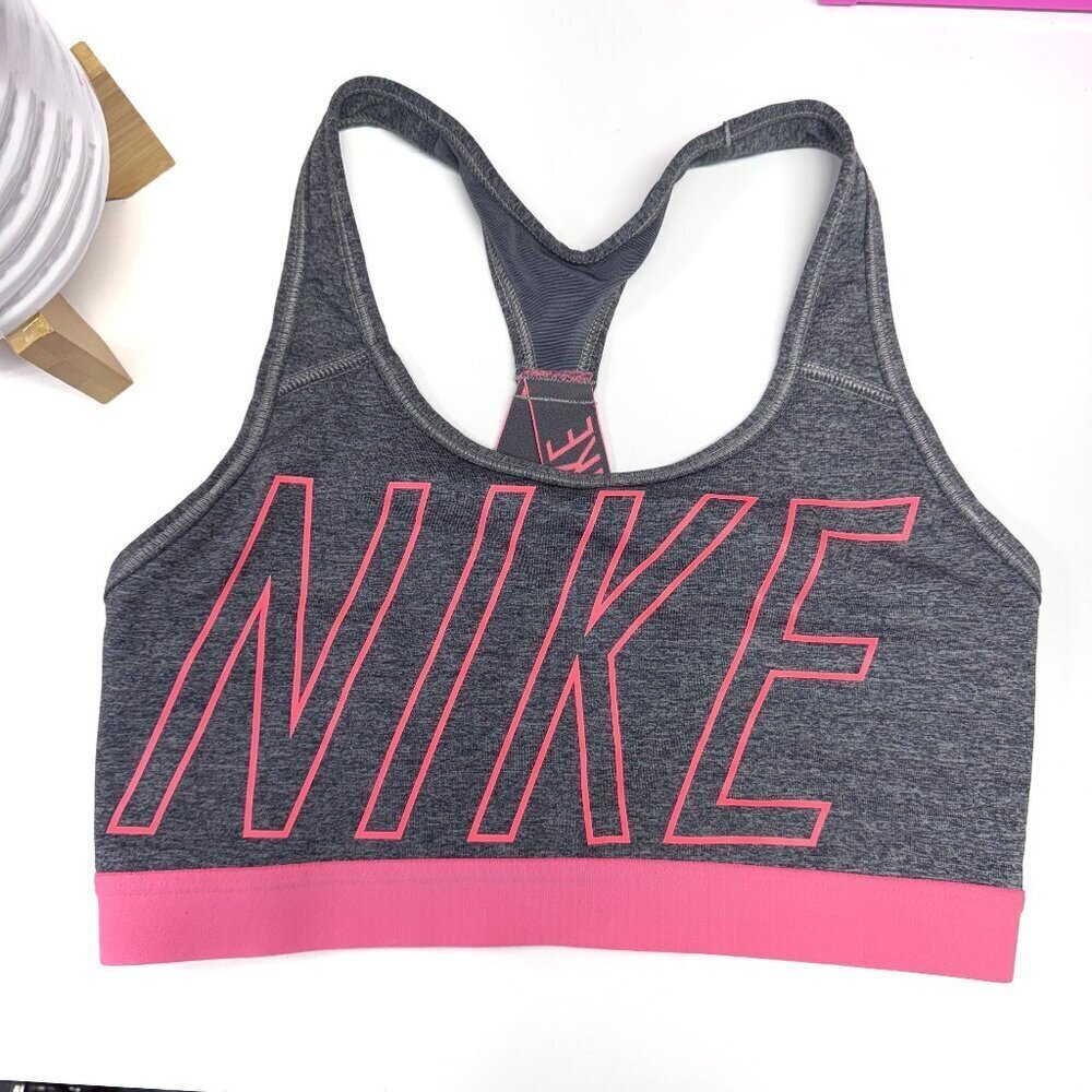 NIKE Dri-Fit Sports Bra Size Medium Heather Gray and Pink, Cross Back
